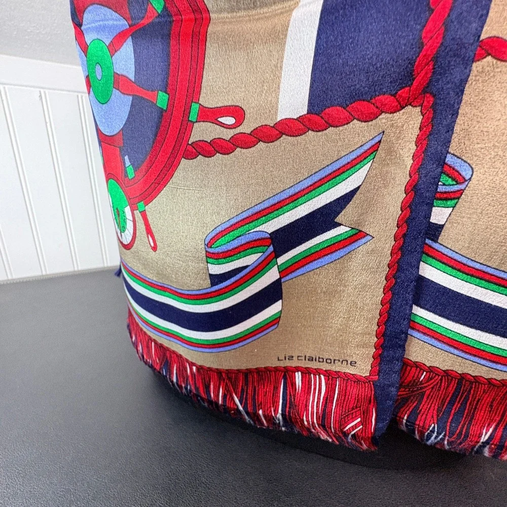 Liz Claiborne Silk Scarf Nautical Ship Wheel Navy Tan Striped‎ Fringe 52x10